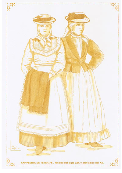 Grabado de la Vestimenta tradicional de una campesina de finales del siglo XIX en Tenerife