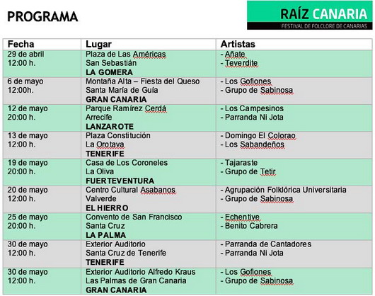 Programa de las actuaciones en el Festival Raíz Canaria.